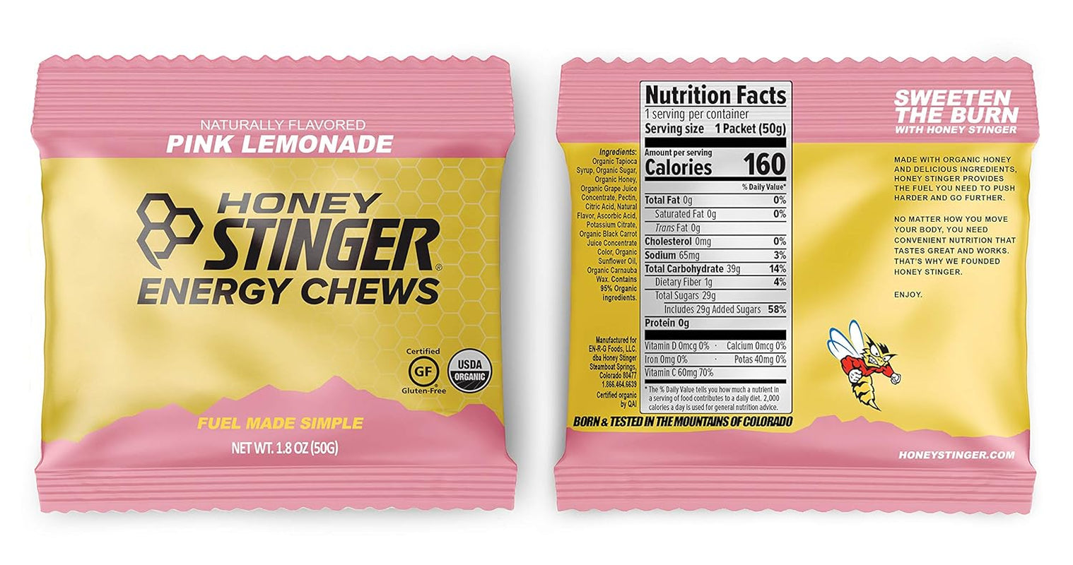 Organic Energy Chews variety pack by PROLINE SPORTS NUTRITION, 8 chewy gummies in pink lemonade, fruit smoothie, pomegranate, cherry blossom.