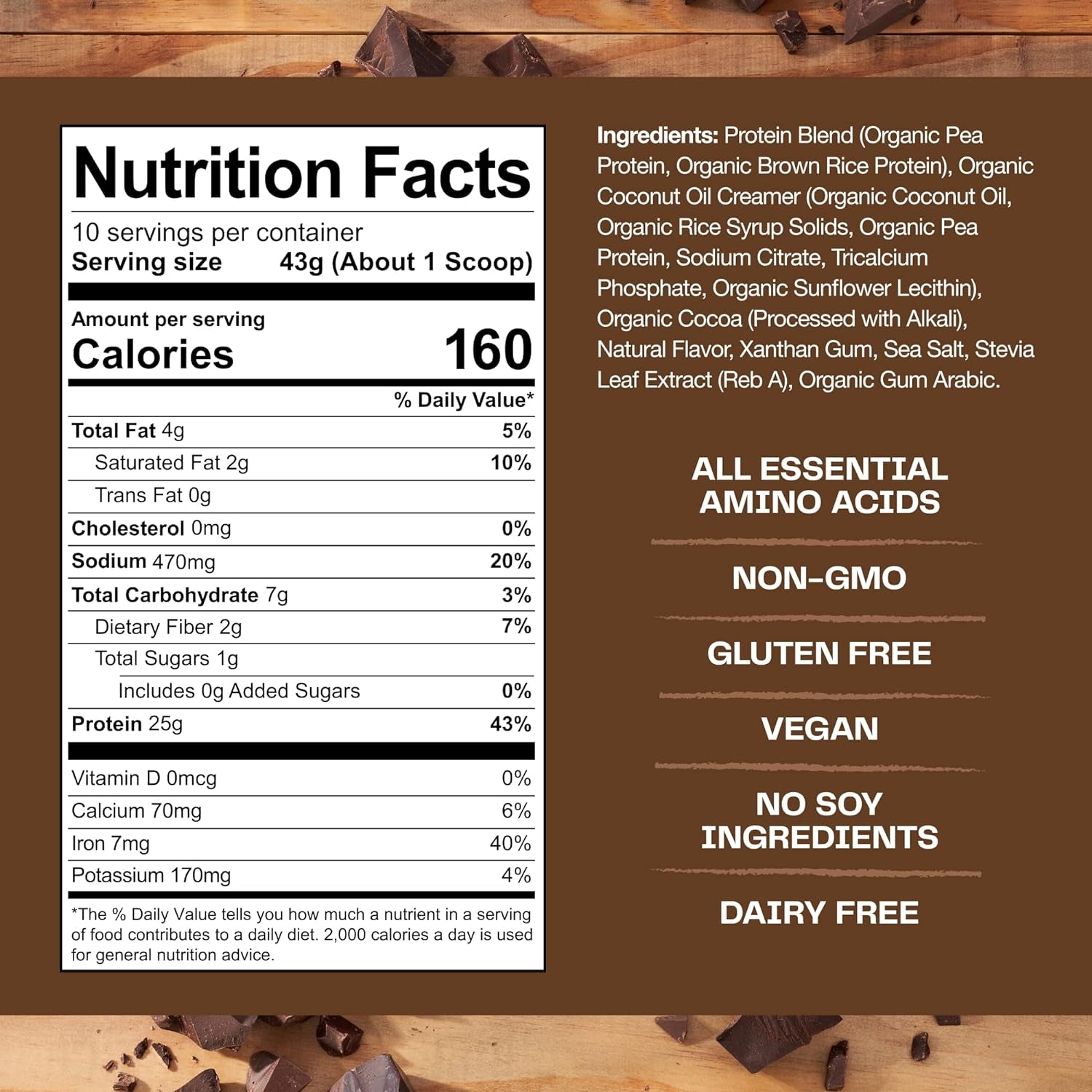 Proline Sports Nutrition vegan chocolate protein powder in a 10-serving organic plant-based blend, dairy, gluten, and soy free.