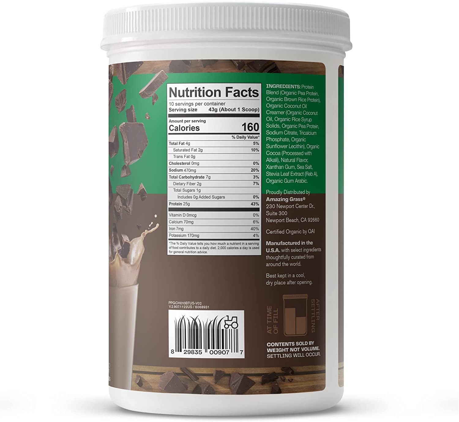Vegan protein powder by PROLINE SPORTS NUTRITION in creamy chocolate flavor, plant-based organic blend, dairy, gluten, soy free, 10 servings