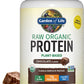 Vegan protein powder by PROLINE SPORTS NUTRITION in chocolate flavor, showing the 1.5 lb package with raw plant protein, BCAAs, probiotics.