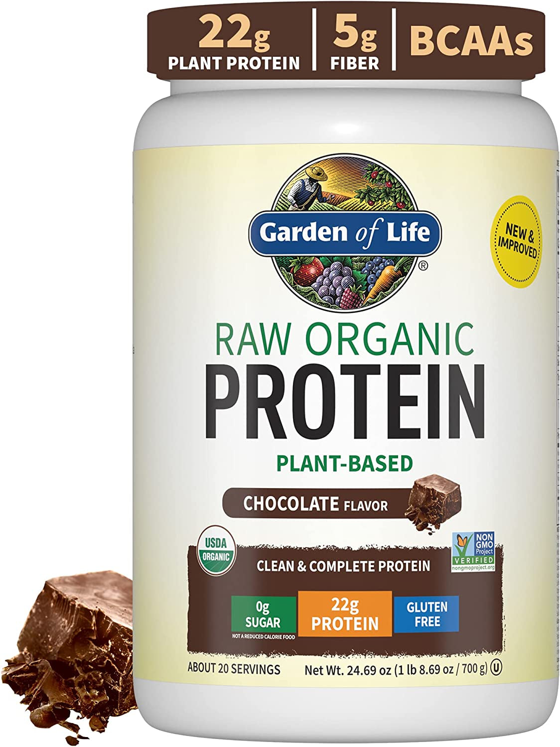 Vegan protein powder by PROLINE SPORTS NUTRITION in chocolate flavor, showing the 1.5 lb package with raw plant protein, BCAAs, probiotics.