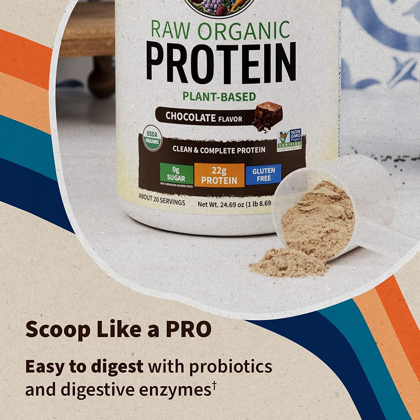 Proline Sports Nutrition vegan protein powder in chocolate flavor, 1.5 lb jar with raw plant protein, BCAAs, probiotics, and digestive enzymes.