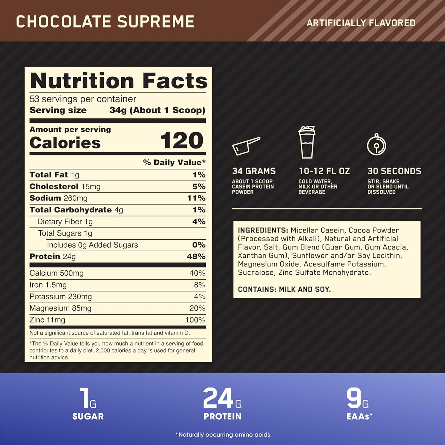 PROLINE SPORTS NUTRITION Gold Standard 100% Micellar Casein Protein Powder in Chocolate Supreme flavor, 4-pound package, slow digesting.