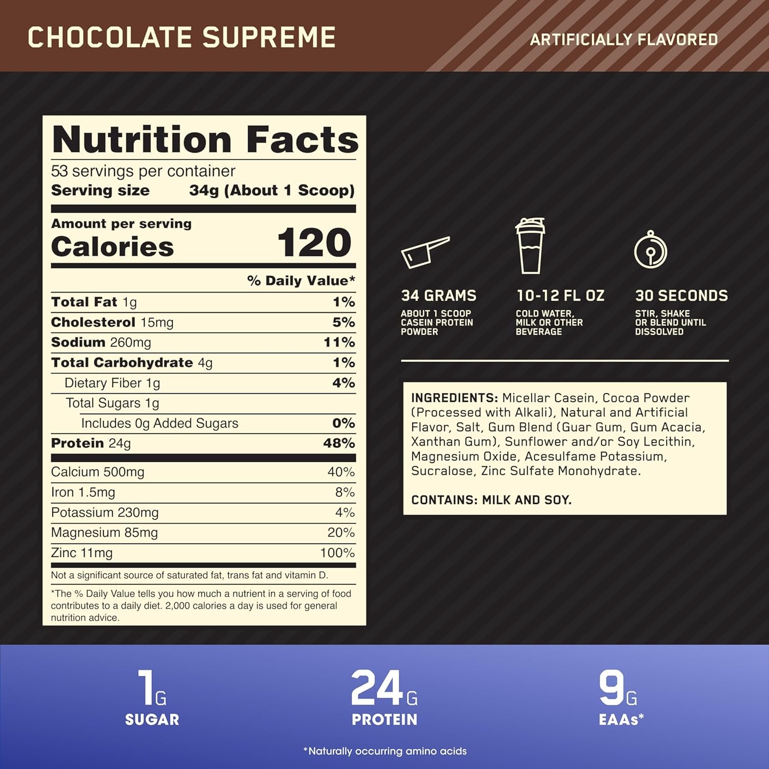 PROLINE SPORTS NUTRITION Gold Standard 100% Micellar Casein Protein Powder in Chocolate Supreme flavor, 4-pound package, slow digesting.