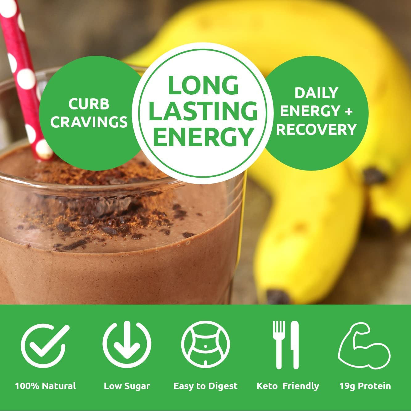 Proline Sports Nutrition Energy + Whey Protein Powder in cocoa flavor, showing the jar with label, 12 servings, gluten-free, no added sugar.