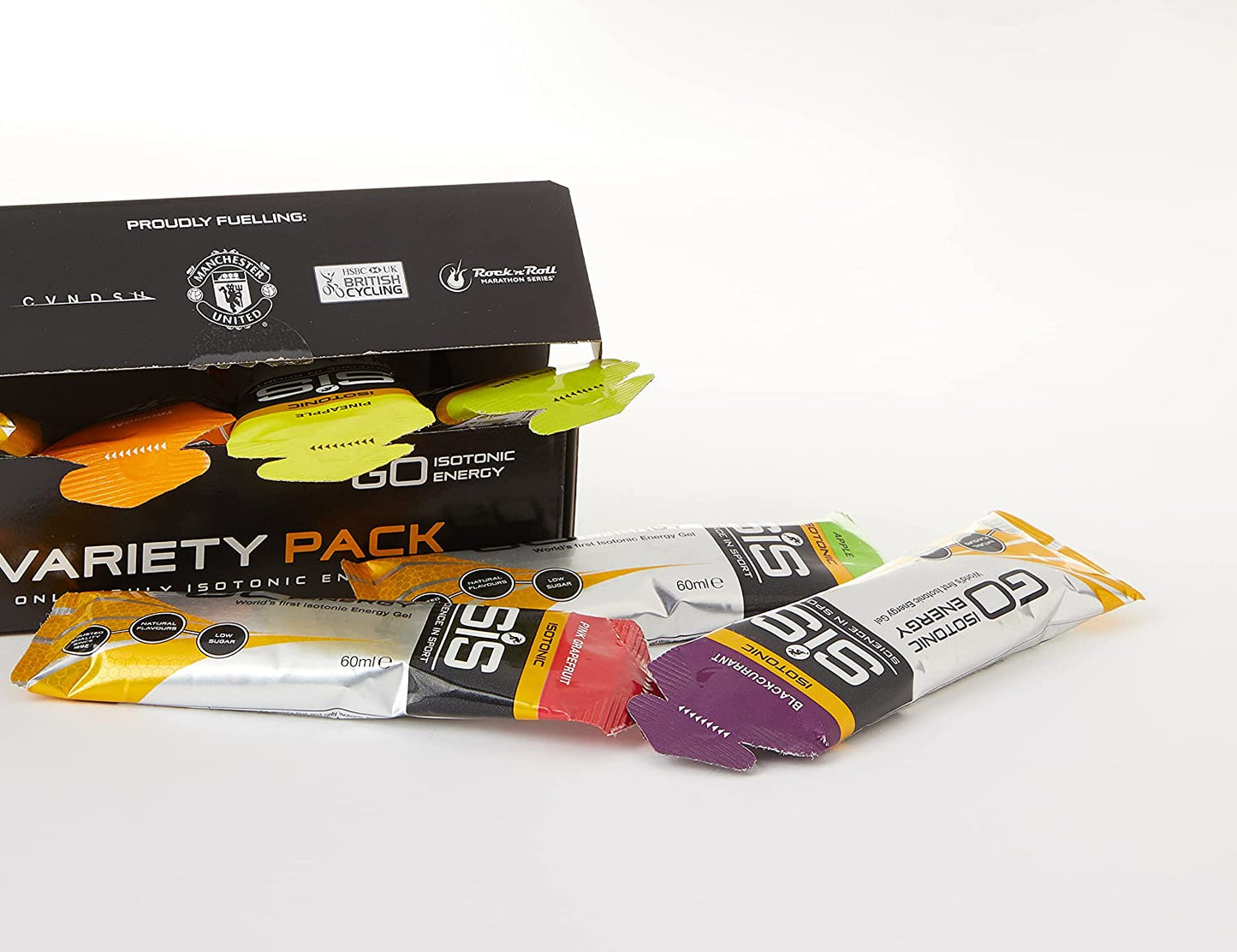 Assorted PROLINE SPORTS NUTRITION 60 ml energy gels in a variety pack of 7 for endurance and performance fueling.