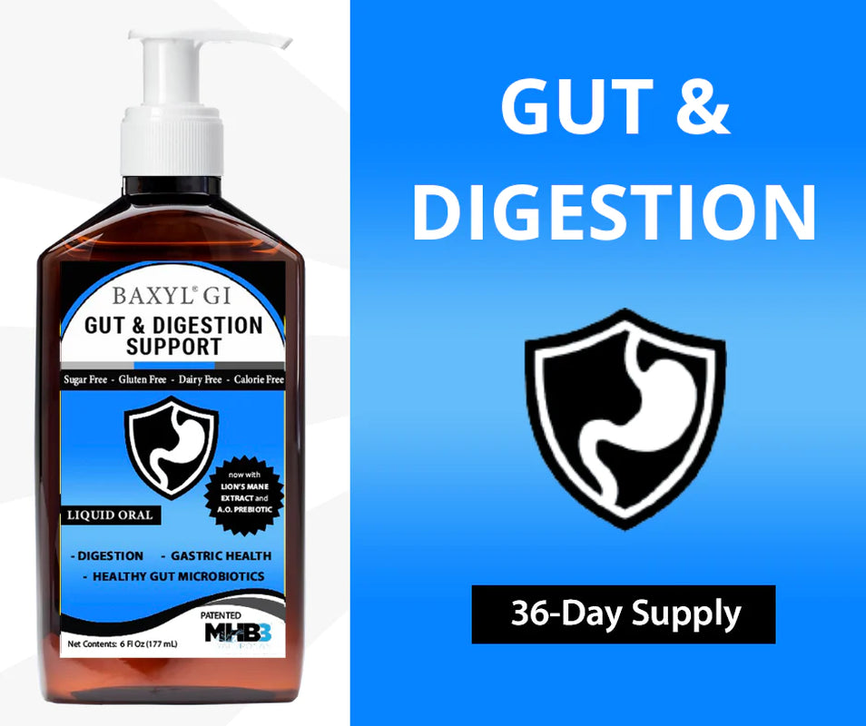 Proline Sports Nutrition Baxyl GI Gut & Digestive Support supplement bottle with label details.