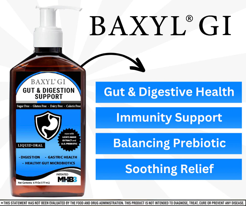 Proline Sports Nutrition Baxyl GI Gut & Digestive Support supplement bottle with label and cap.