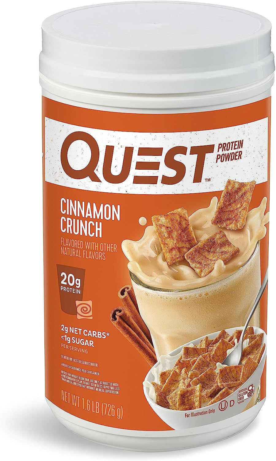 Proline Sports Nutrition Cinnamon Crunch Protein Powder jar showing label with 20g protein, low carb, gluten-free, 1.6 lb size.