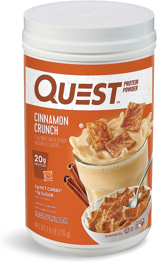 Proline Sports Nutrition Cinnamon Crunch Protein Powder jar showing label with 20g protein, low carb, gluten-free, 1.6 lb size.