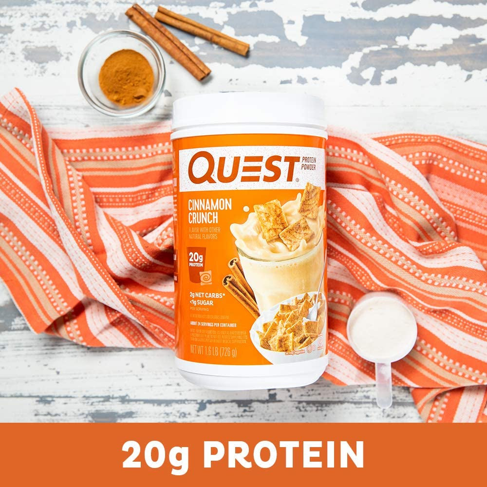 Proline Sports Nutrition Cinnamon Crunch Protein Powder jar showing label with nutritional info and product branding.