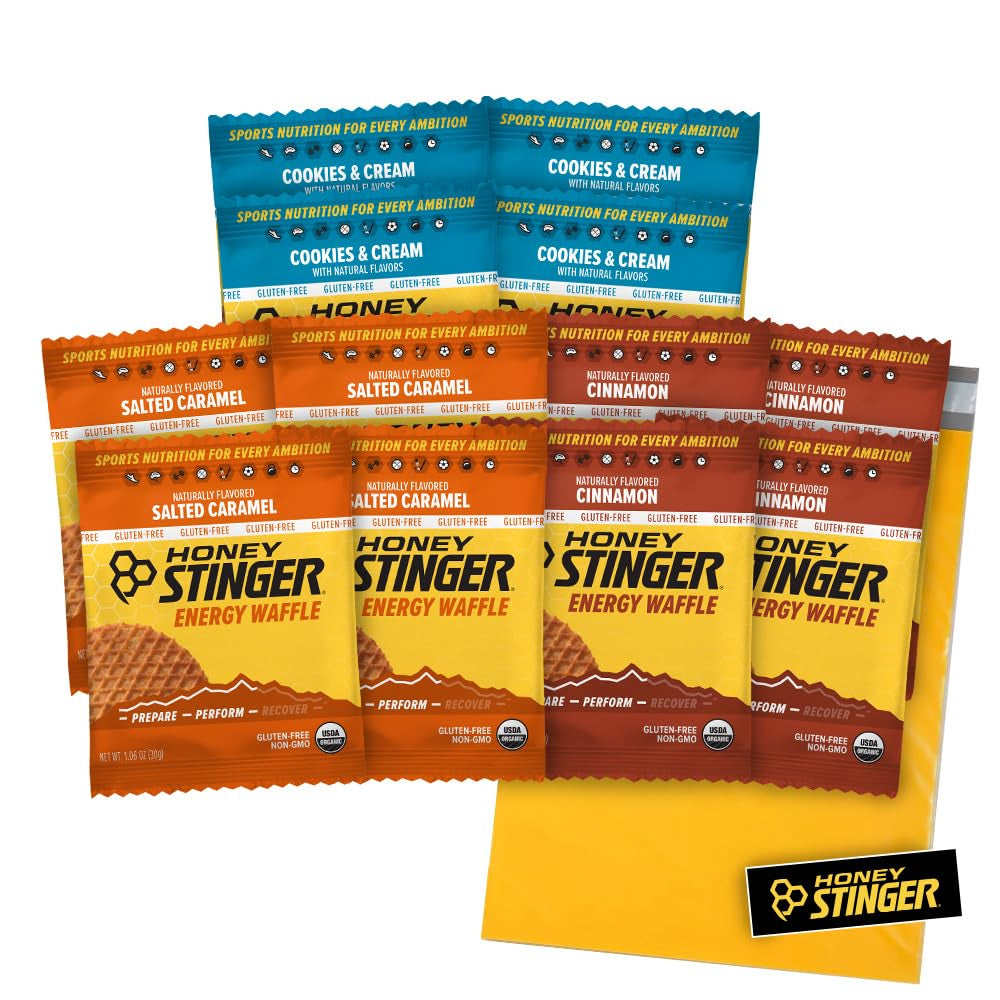 Gluten free organic waffles by PROLINE SPORTS NUTRITION in variety pack with salted caramel, cinnamon, and cookies & cream flavors