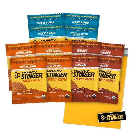 Gluten free organic waffles by PROLINE SPORTS NUTRITION in variety pack with salted caramel, cinnamon, and cookies & cream flavors