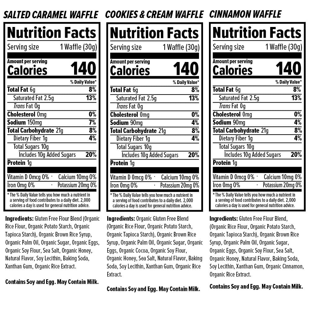 Gluten-free organic waffles by PROLINE SPORTS NUTRITION, 12-pack with salted caramel, cinnamon, and cookies & cream flavors, includes sticker
