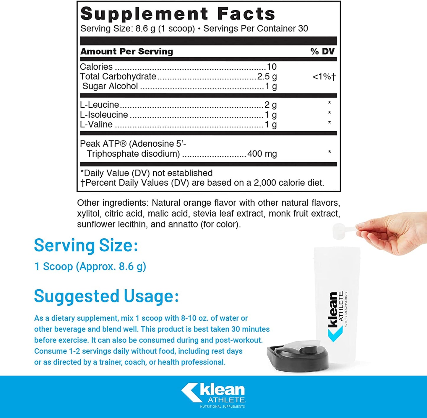 Klean BCAA + Peak ATP | Amino Acid Supplement for Muscle Building, Workout Recovery, and Lean Muscle | 9.1 Ounces | Natural Orange Flavor
