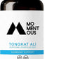 ProLine Sports Nutrition Momentous Tongkat Ali powder in a jar, rainforest-derived herbal supplement for energy, mood, and hormone support.