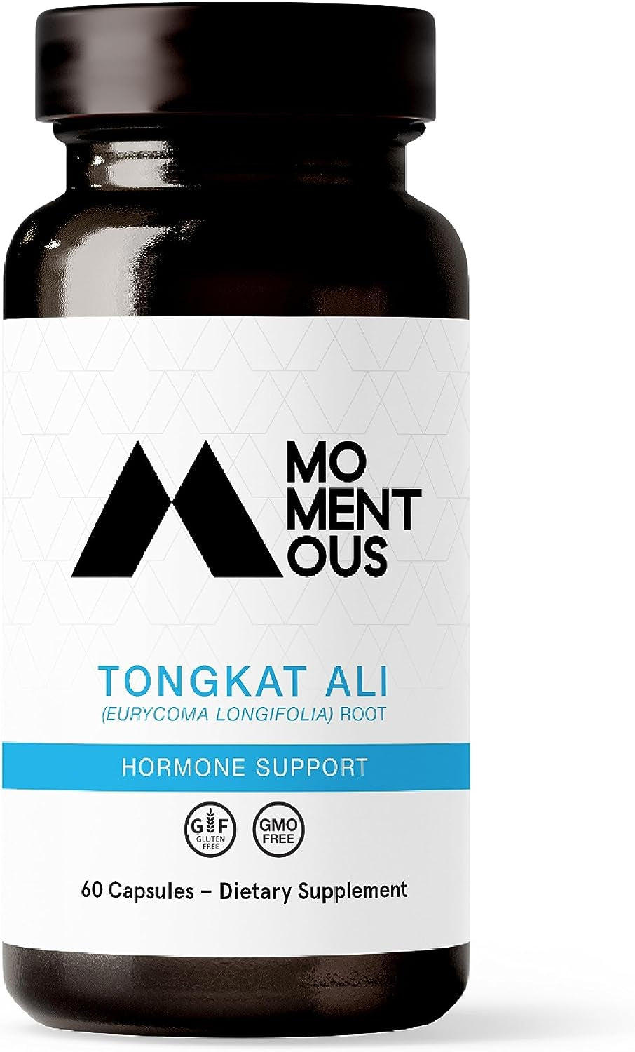 ProLine Sports Nutrition Momentous Tongkat Ali powder in a jar, rainforest-derived herbal supplement for energy, mood, and hormone support.
