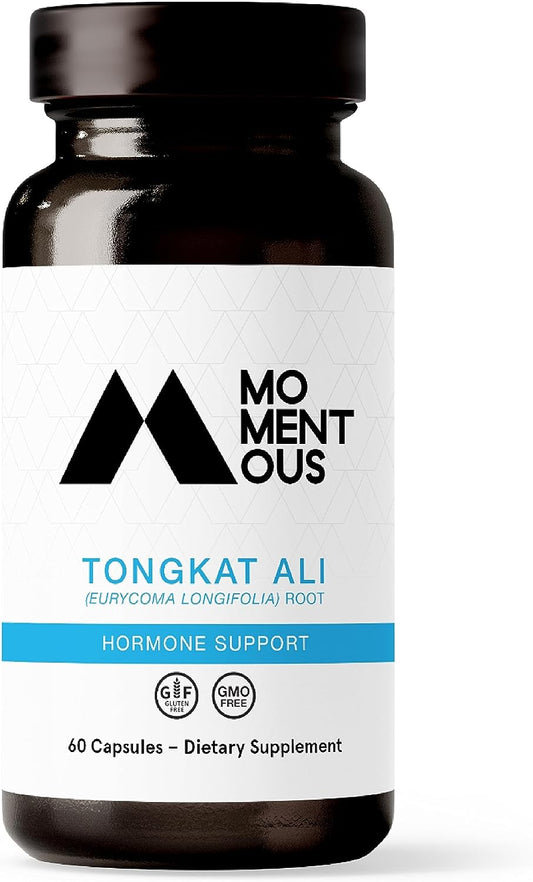 ProLine Sports Nutrition Momentous Tongkat Ali powder in a jar, rainforest-derived herbal supplement for energy, mood, and hormone support.
