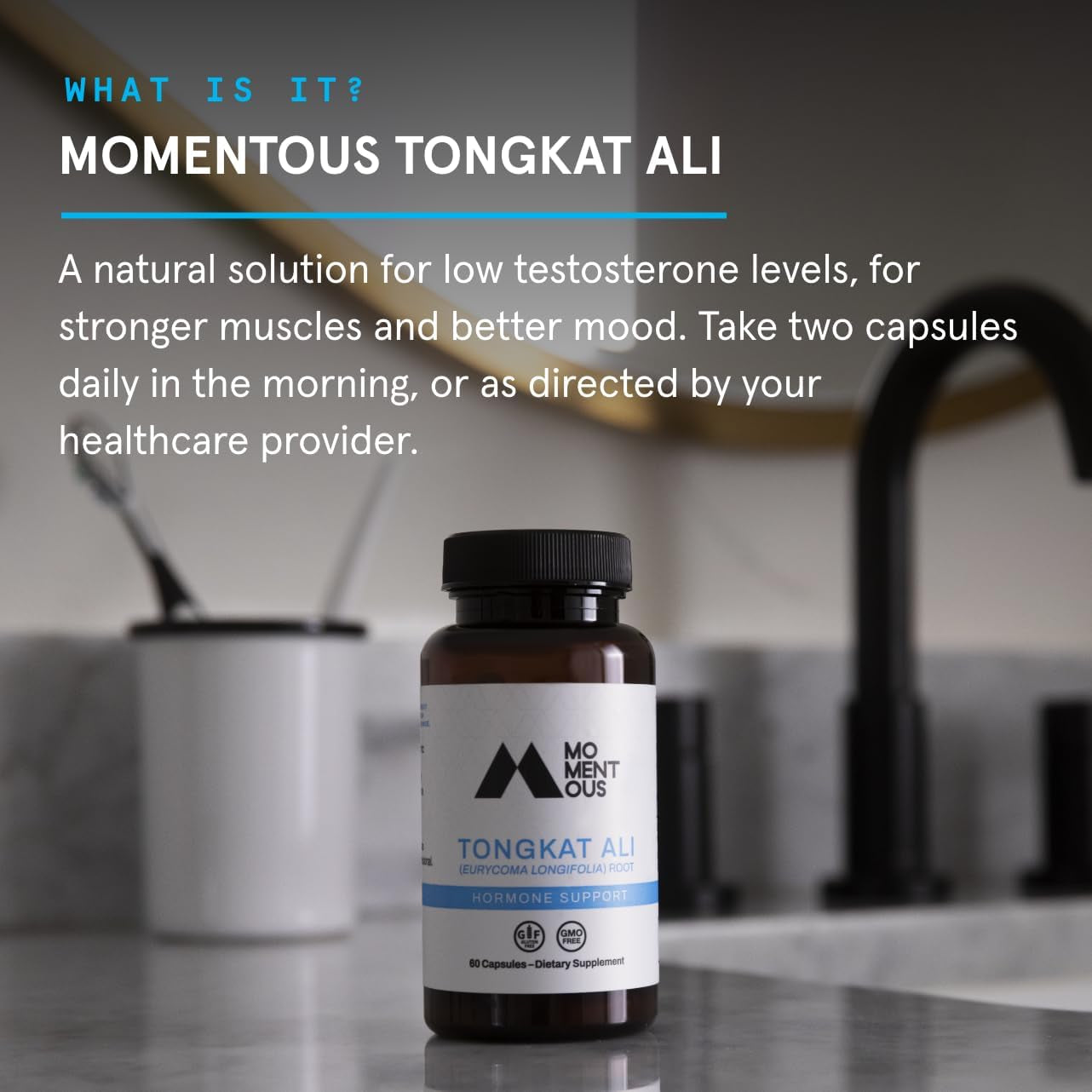 Proline Sports Nutrition Momentous Tongkat Ali powder in a jar, rainforest-derived Tongkat Ali root extract for energy and wellness support.