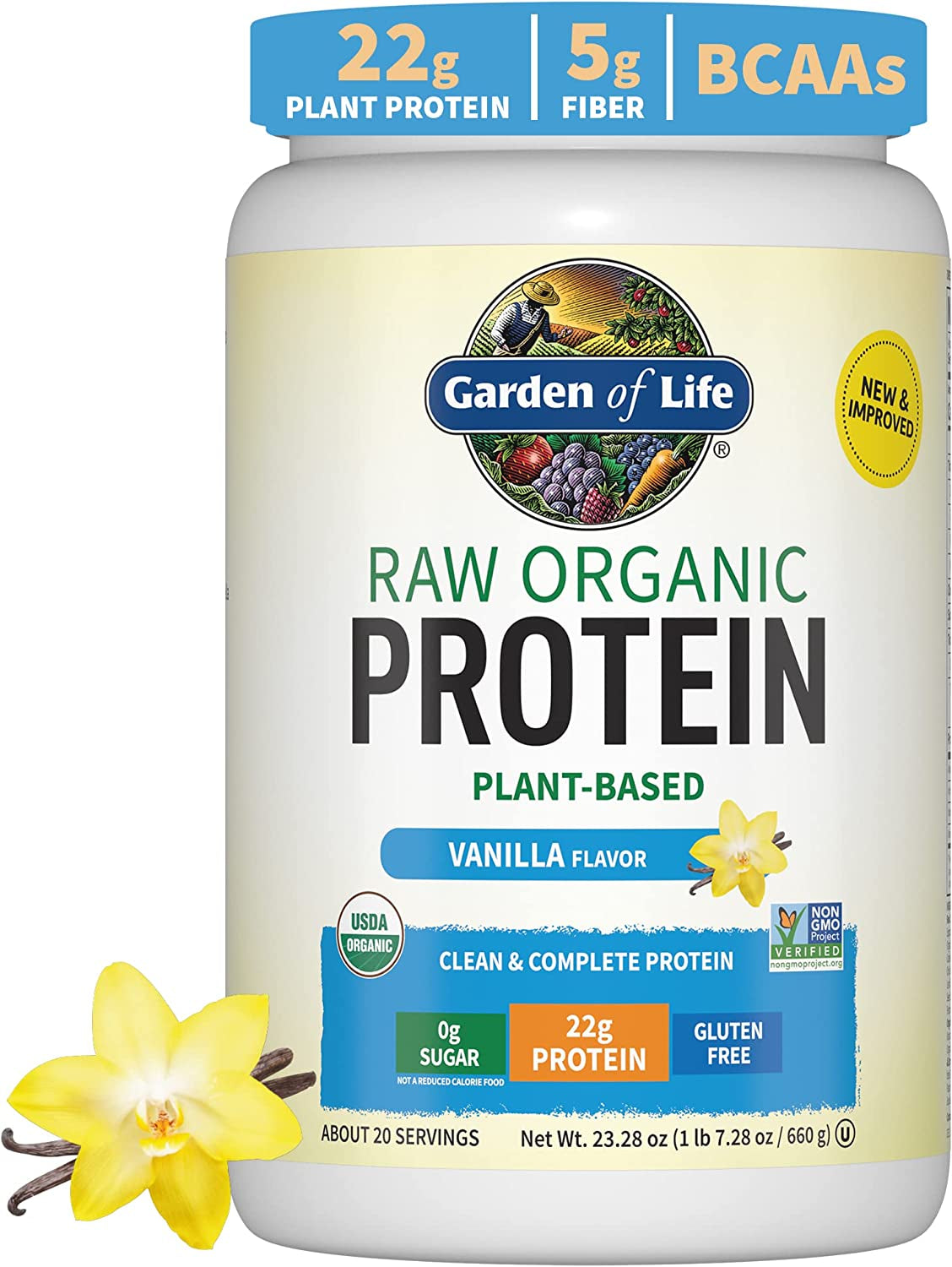 Organic vegan vanilla protein powder by PROLINE SPORTS NUTRITION in a 1.5 lb container, showcasing the label with product details.