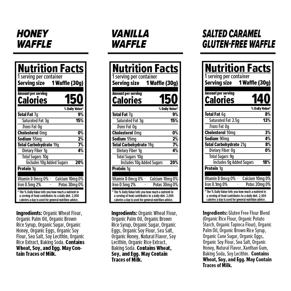 Organic Waffle Variety Pack by PROLINE SPORTS NUTRITION with honey, vanilla, gluten-free salted caramel energy stroopwafels for workouts.
