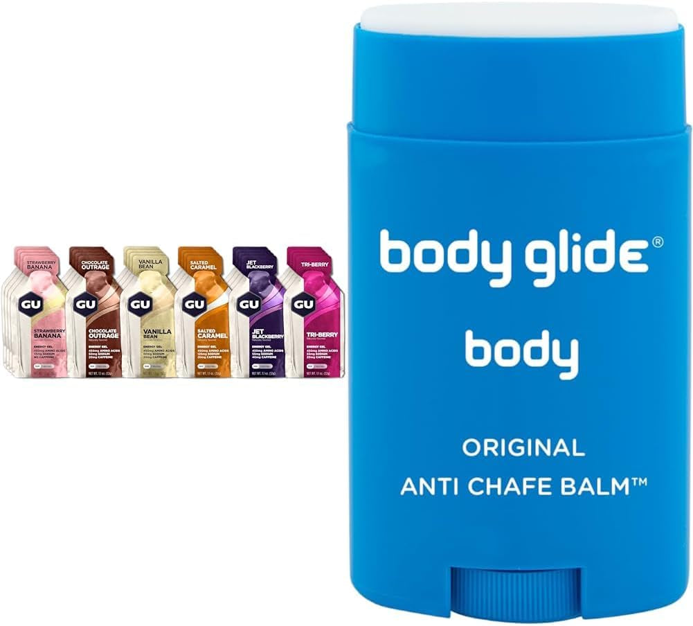 Assorted flavors of PROLINE SPORTS NUTRITION Original Sports Nutrition Energy Gel 24-pack with Body Glide anti-chafe balm and no-chafe stick.