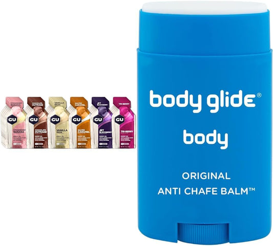 Assorted flavors of PROLINE SPORTS NUTRITION Original Sports Nutrition Energy Gel 24-pack with Body Glide anti-chafe balm and no-chafe stick.