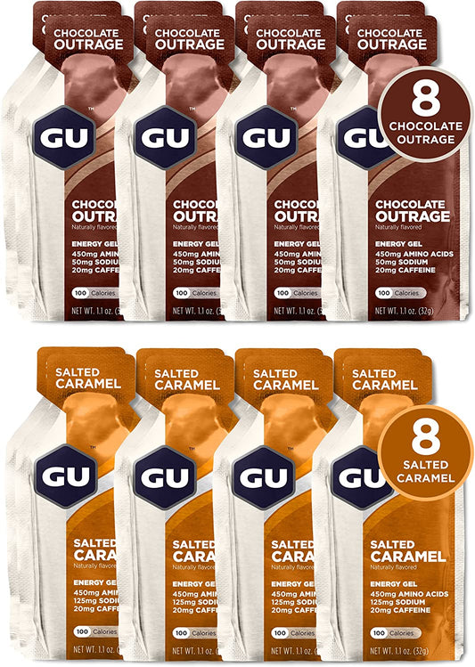 Proline Sports Nutrition Variety Pack with 8 Chocolate Outrage and 8 Salted Caramel protein packets, 16 total for active lifestyles.