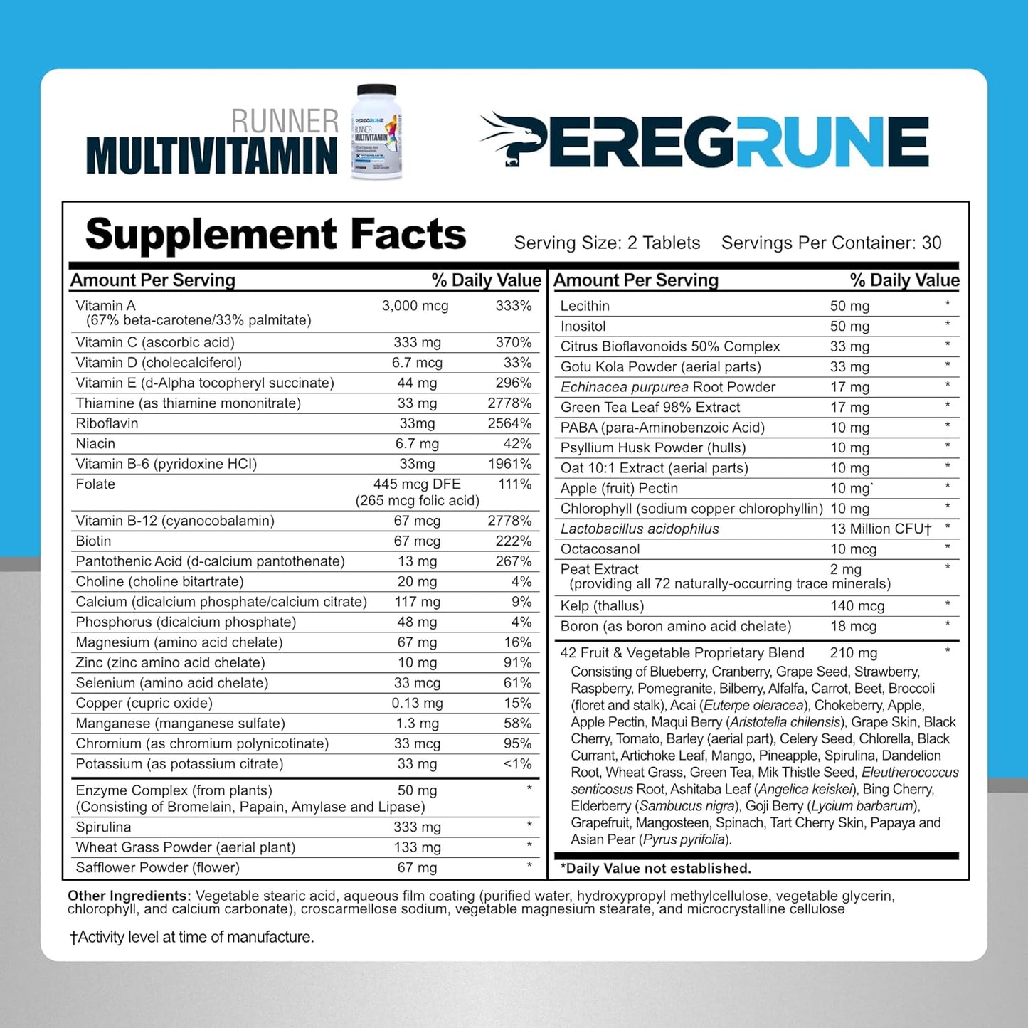 Proline Sports Nutrition Runner Multivitamin with antioxidants, B complex, probiotics, and whole foods for running recovery and energy.