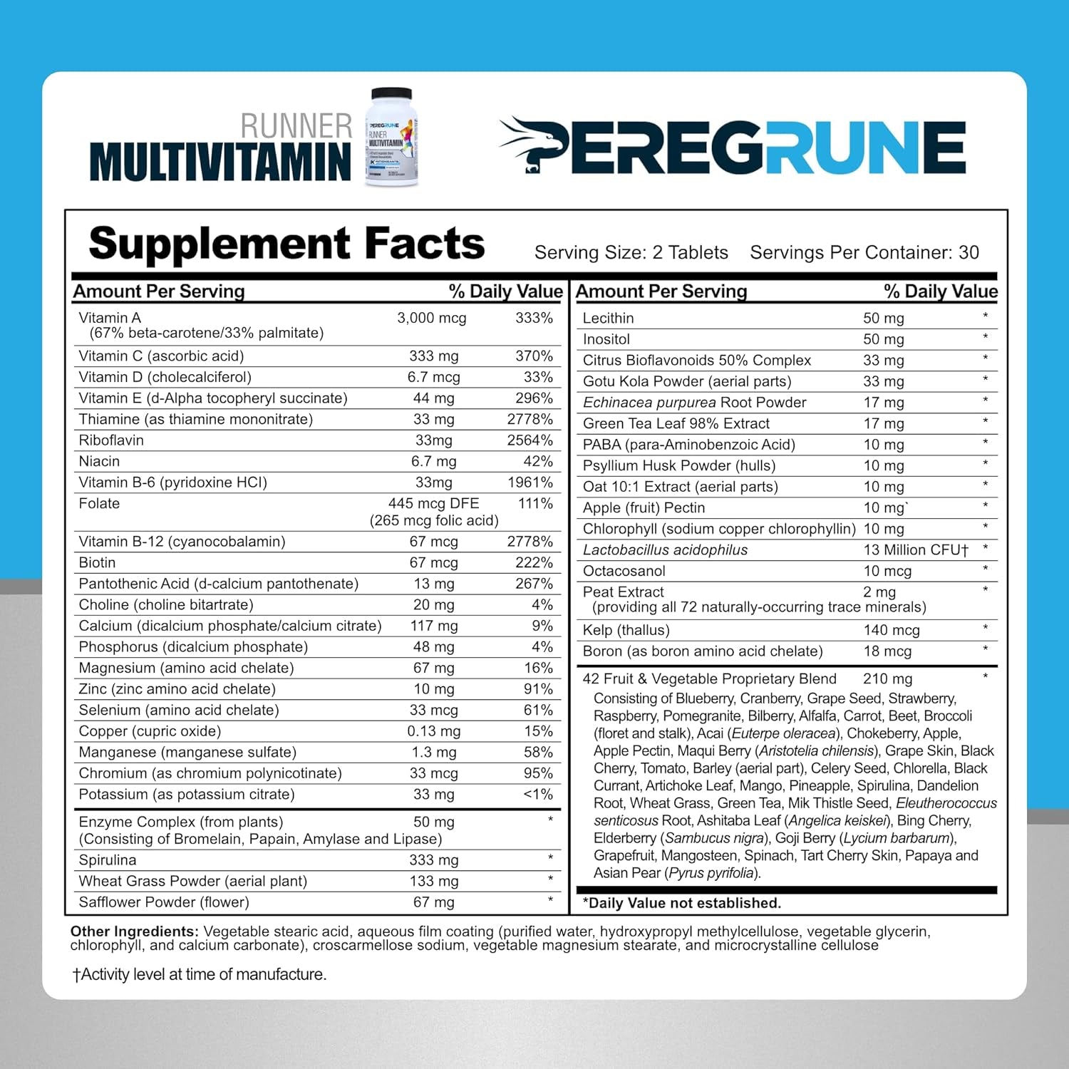 Proline Sports Nutrition Runner Multivitamin with antioxidants, B complex, probiotics, and whole foods for running recovery and energy.