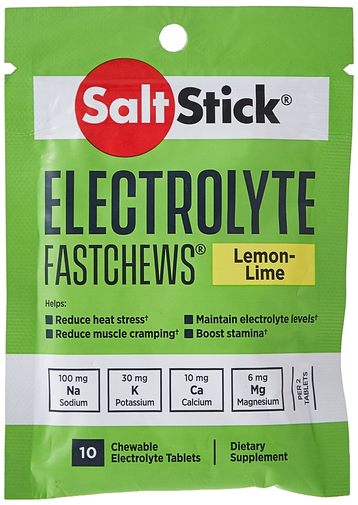 SaltStick Fastchew Lemon Lime electrolyte tablets in a packet of 10 for rehydration and replenishment.