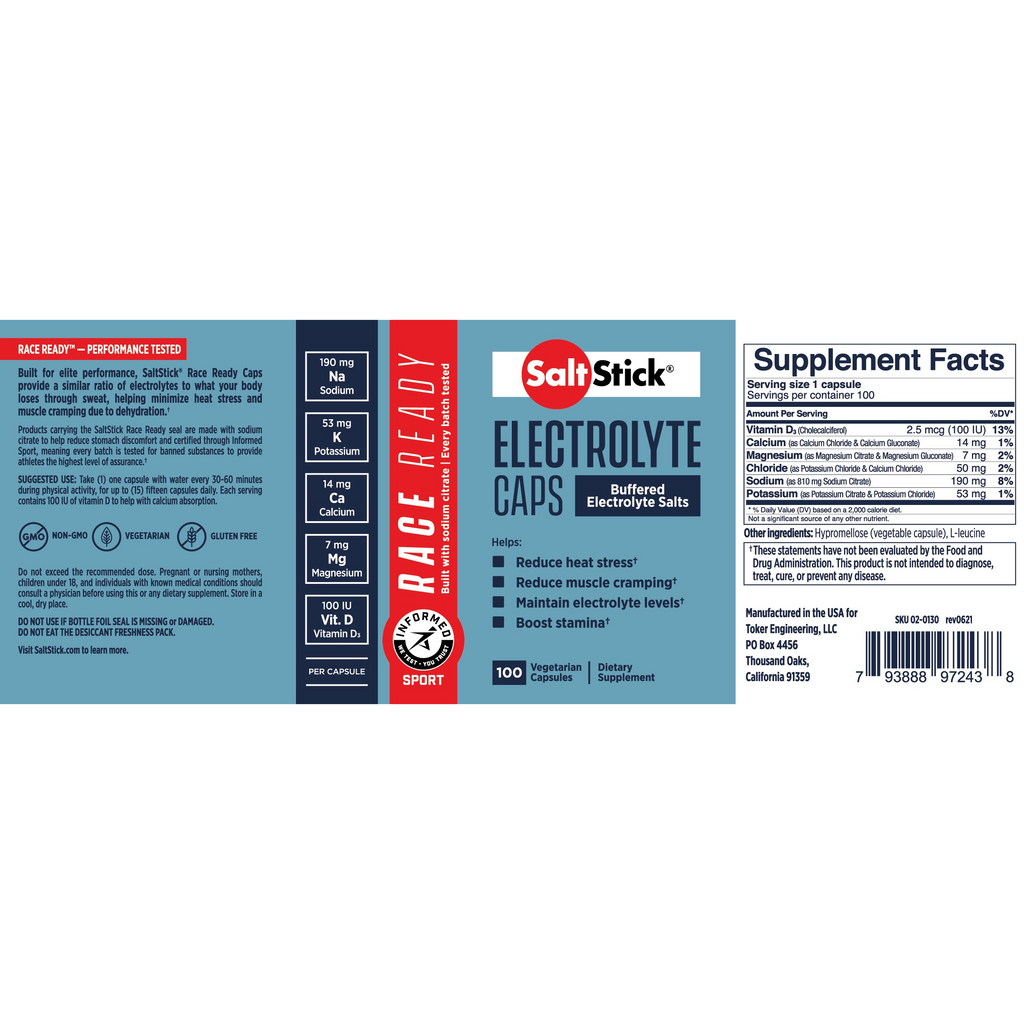 SaltStick Race Ready Capsules by PROLINE SPORTS NUTRITION in a 100-count bottle, featuring premium sodium citrate.
