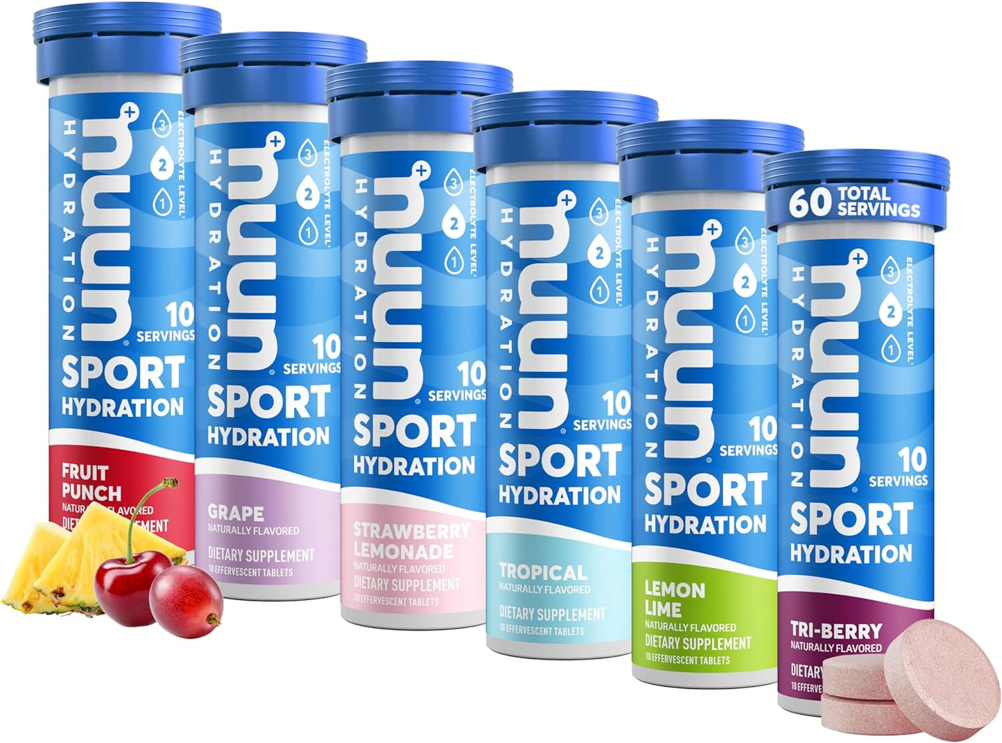 Proline Sports Nutrition electrolyte tablets variety pack with 6 bottles, each containing 10 servings for proactive hydration.