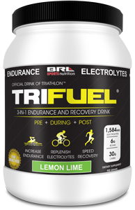 Proline Sports Nutrition TriFuel energy and recovery drink container with 40 scoops, nutritional label visible.