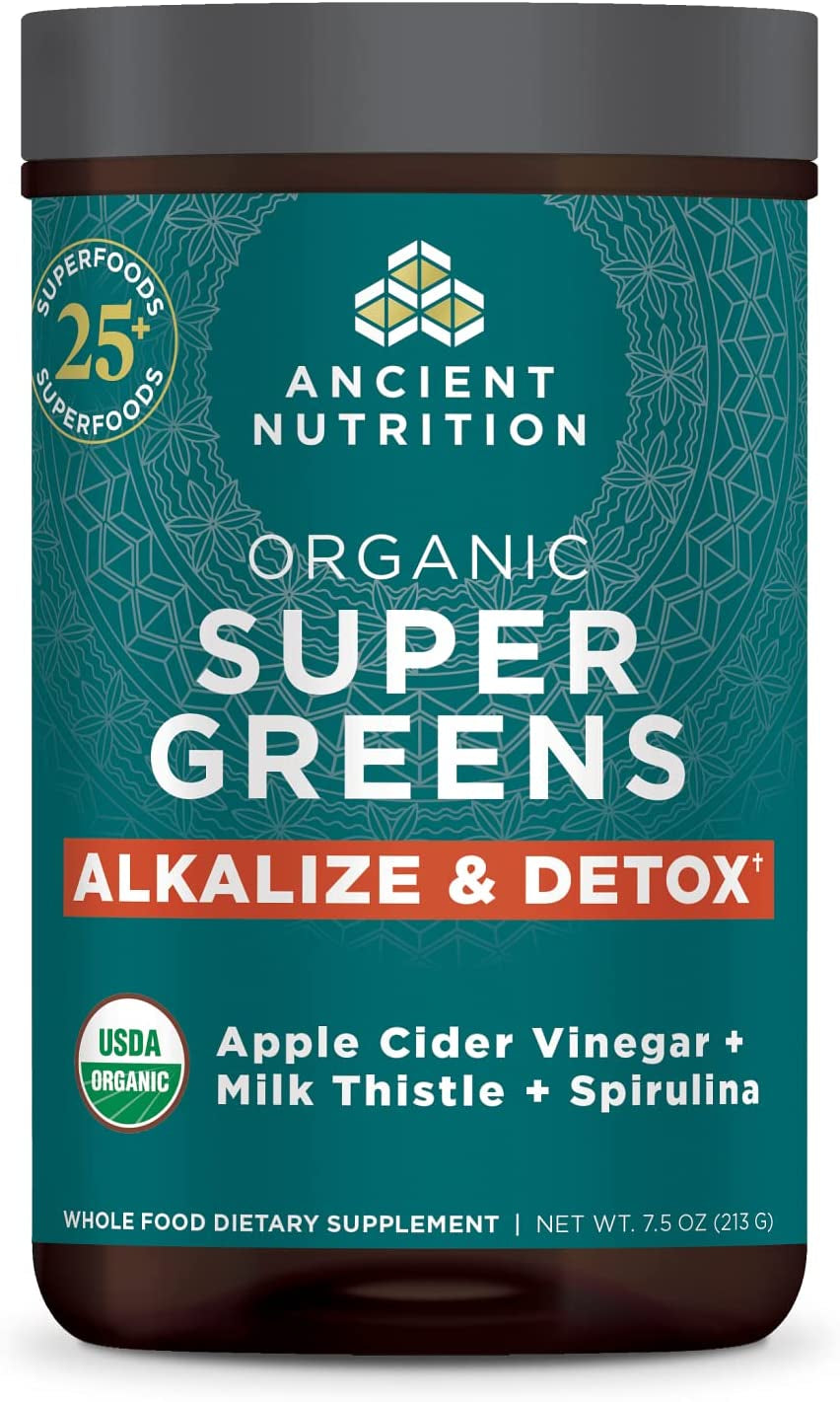 Proline Sports Nutrition Supergreens Alkalize & Detox Powder with real fruits, vegetables, and herbs for digestive and energy support.
