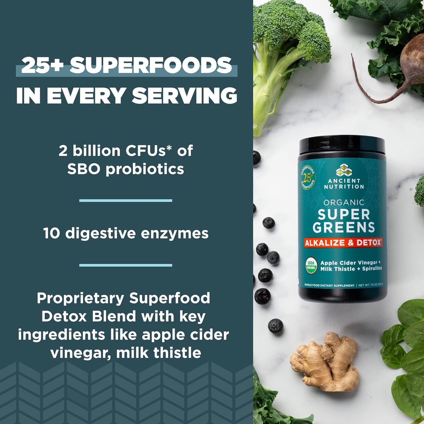 Proline Sports Nutrition Supergreens Alkalize & Detox Powder with real fruits, vegetables, and herbs for digestive and energy support.