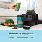 Proline Sports Nutrition Supergreens Alkalize & Detox Powder in a jar, showing fresh fruits, vegetables, and herbs for digestive health.