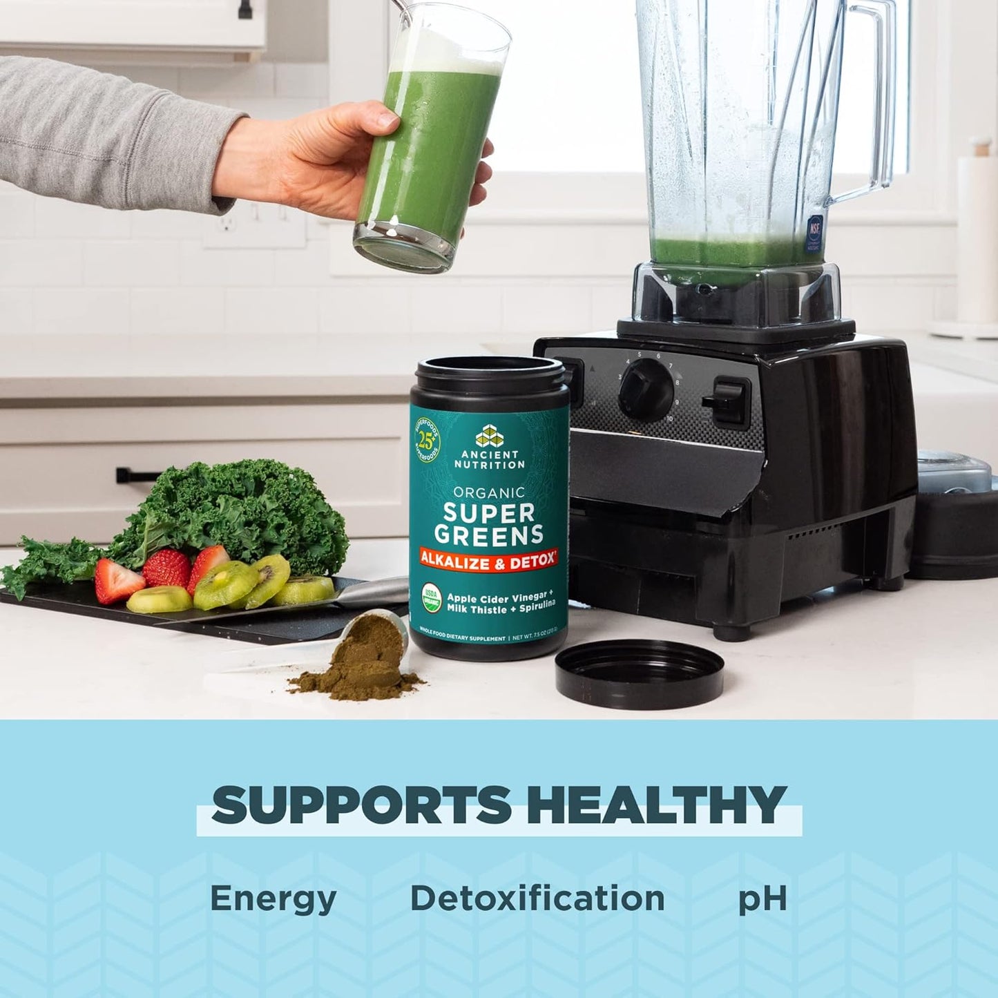 Proline Sports Nutrition Supergreens Alkalize & Detox Powder in a jar, showing fresh fruits, vegetables, and herbs for digestive health.