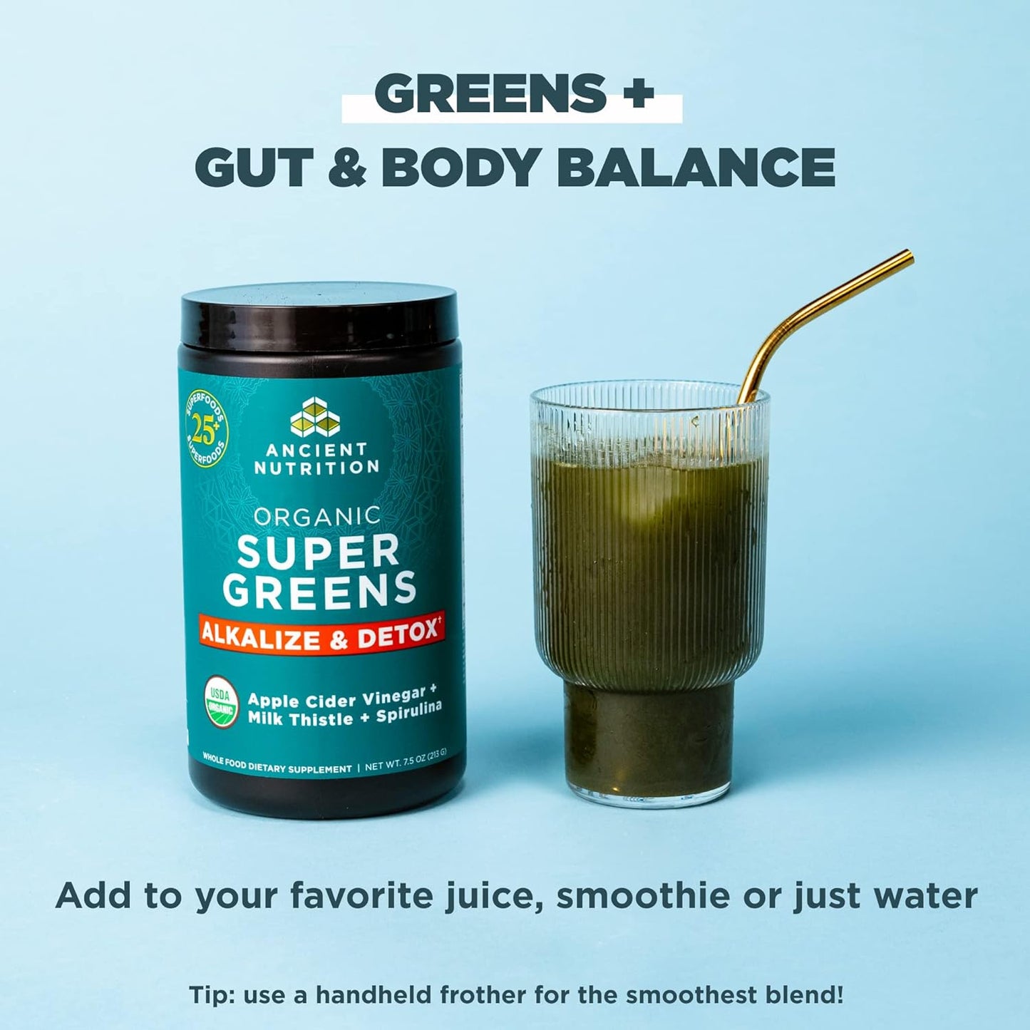 Proline Sports Nutrition Supergreens Alkalize & Detox Powder in a 7.5oz jar, featuring fresh fruits, vegetables, and herbs for digestive health.