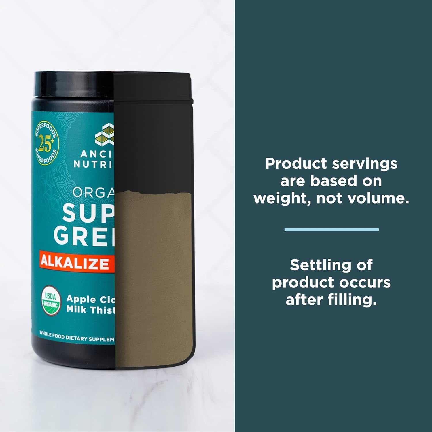 Proline Sports Nutrition Supergreens Alkalize & Detox Powder featuring organic fruits, vegetables, herbs for digestive and energy support.