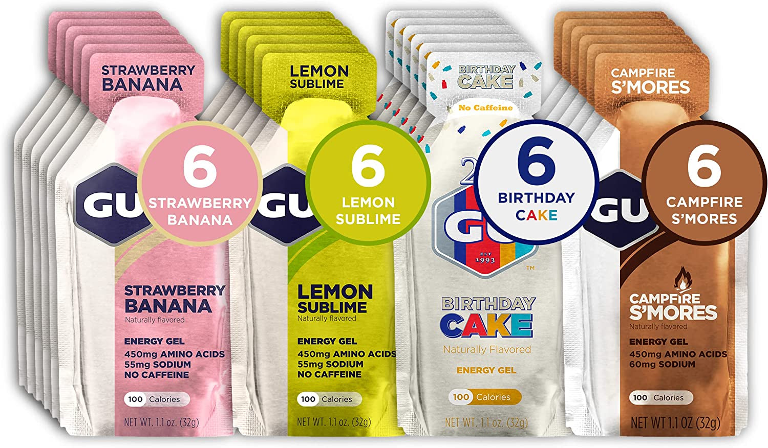 Assorted flavors of PROLINE SPORTS NUTRITION energy gels in a 24-pack, vegan, gluten-free, kosher, and dairy-free for on-the-go workouts.