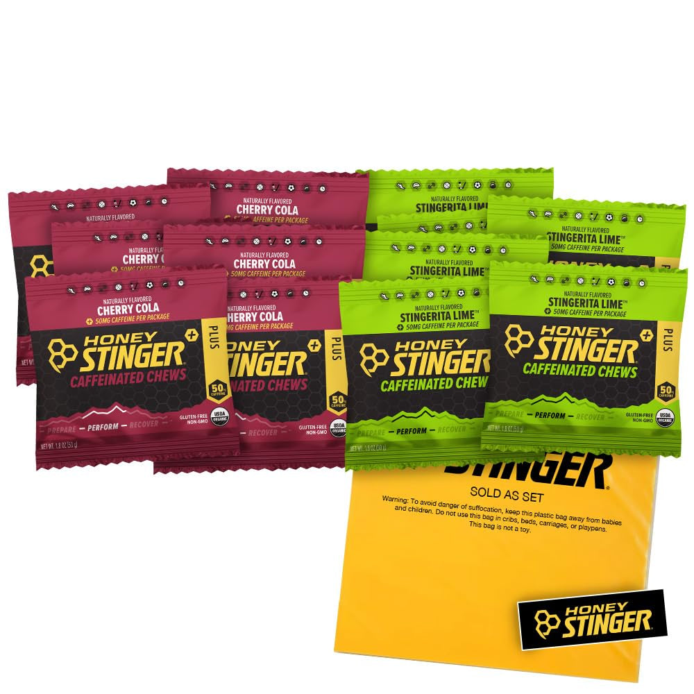 Proline Sports Nutrition Caffeinated Energy Chews Variety Pack with Cherry Cola and Lime flavors, chewy gummy energy source, includes sticker.