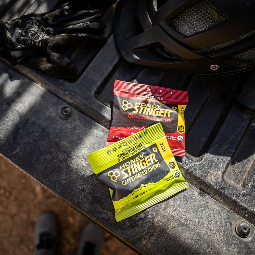 ProLine Sports Nutrition Caffeinated Energy Chews Variety Pack with Cherry Cola and Lime flavors, chewy gummy energy source, and sticker