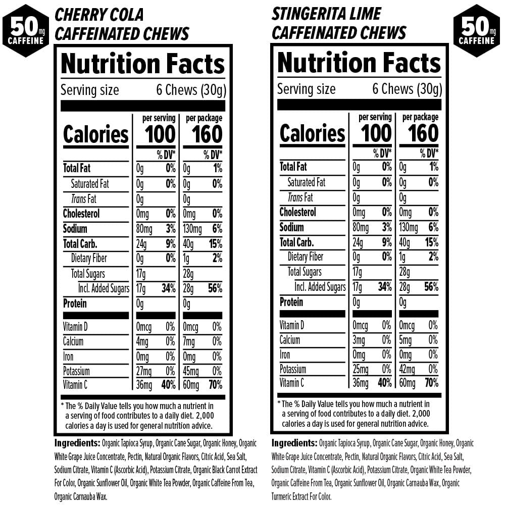 PROLINE SPORTS NUTRITION caffeinated energy chews variety pack with cherry cola and stingerita lime flavors, including a sticker.