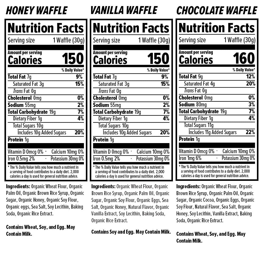 Organic Waffles variety pack by PROLINE SPORTS NUTRITION, 12-pack with honey, vanilla, and chocolate flavors, includes a sticker.