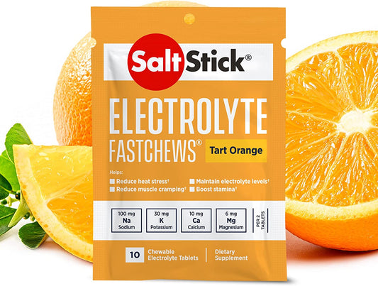 Electrolyte Fastchews chewable tablets in orange flavor by PROLINE SPORTS NUTRITION, 10 tablets per packet, 12 packets total.