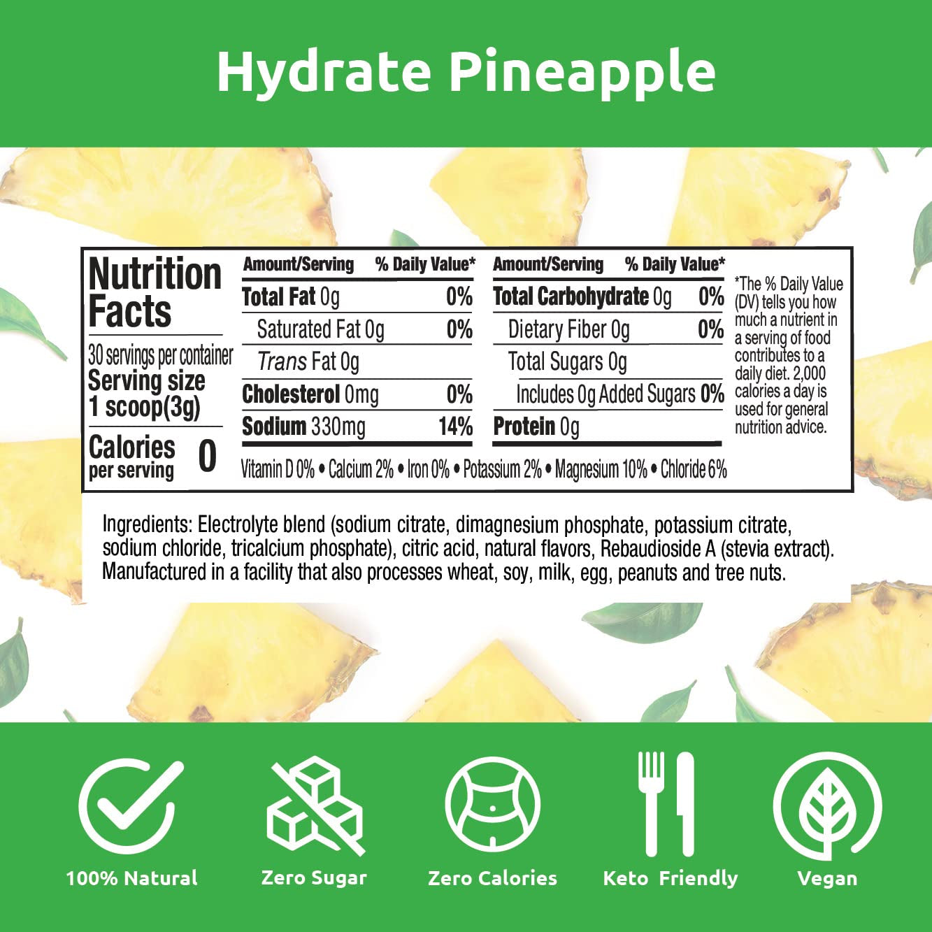 Proline Sports Nutrition Hydrate Pineapple electrolyte replacement powder for keto, vegan, sugar-free, gluten-free, ideal for athletes.