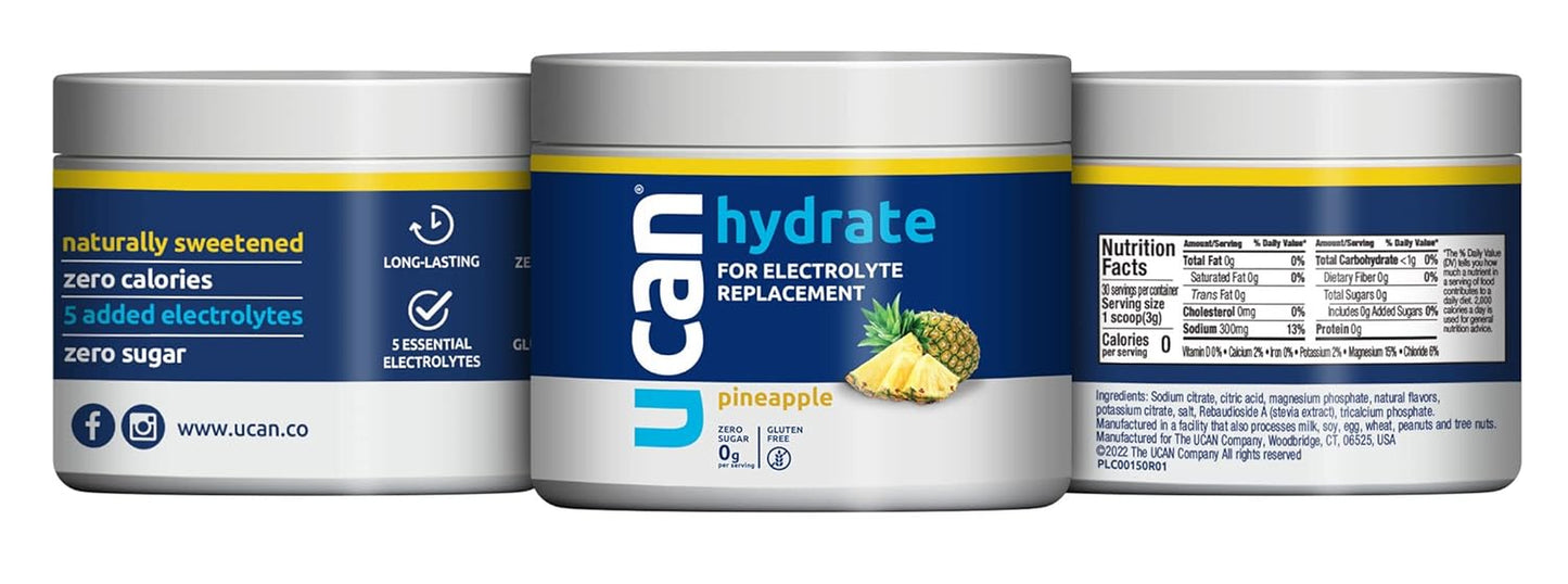 Proline Sports Nutrition Hydrate Pineapple electrolyte replacement drink for men and women, sugar-free, vegan, gluten-free, 30 servings.