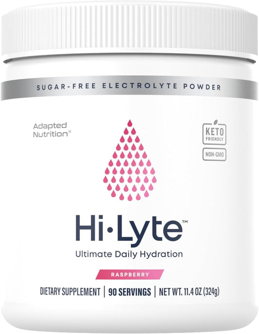 PROLINE SPORTS NUTRITION Hi-Lyte Raspberry electrolyte powder mix, 90 servings, sugar-free, gluten-free, supports keto, refreshing flavor.
