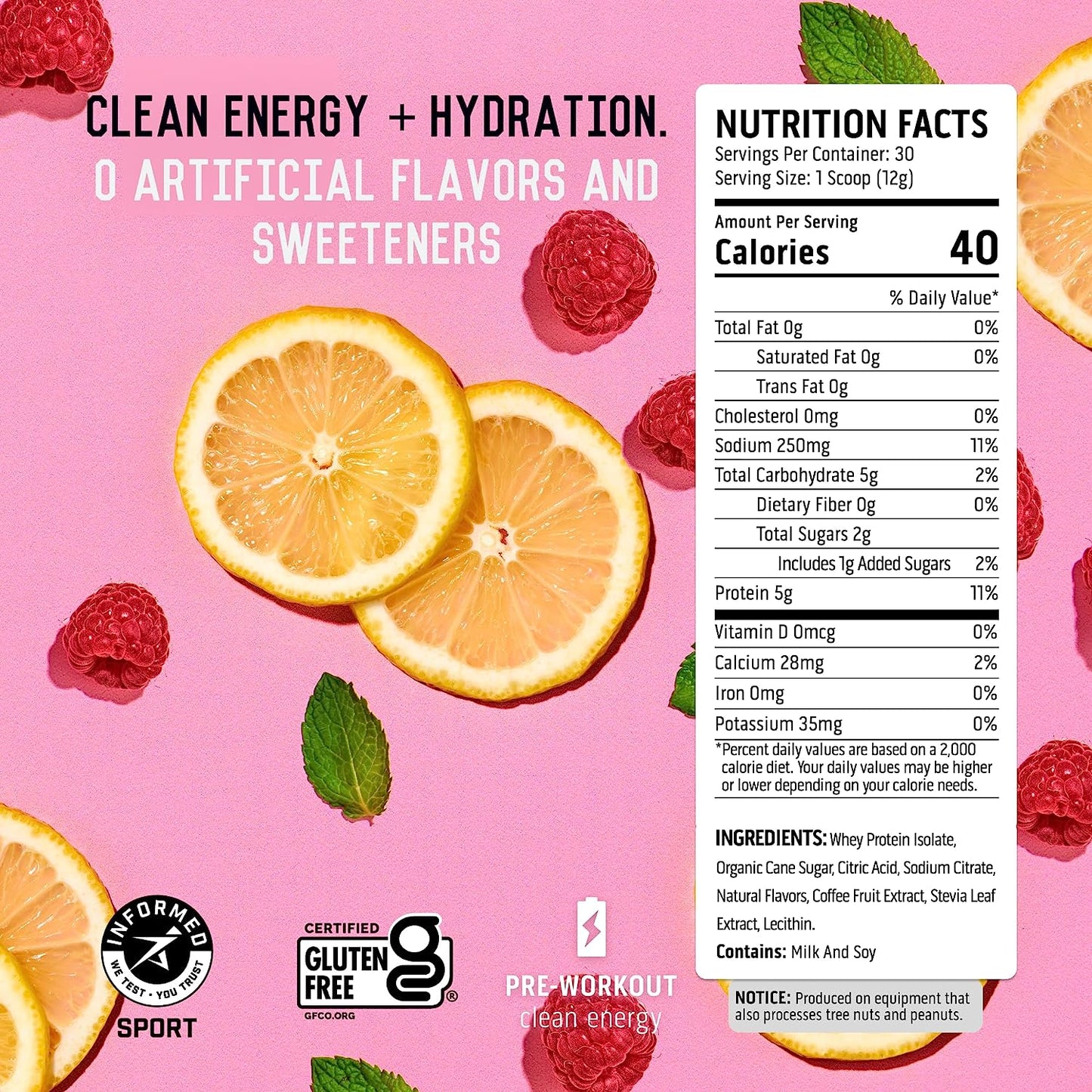 Pre Workout Powder - Preworkout for Men & Women with No Artificial Ingredients or Flavors - Clean Energy with 150G Caffeine & 250G Electrolytes - Raspberry Lemonade, 30 Servings